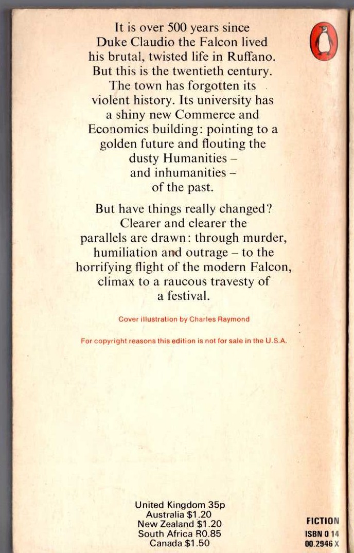 Daphne Du Maurier  THE FLIGHT OF THE FALCON magnified rear book cover image