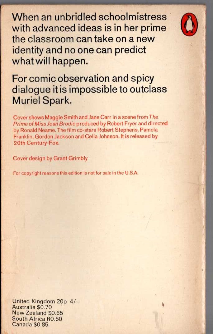 Muriel Spark  THE PRIME OF MISS JEAN BRODIE (Film tie-in: Maggie Smith) magnified rear book cover image