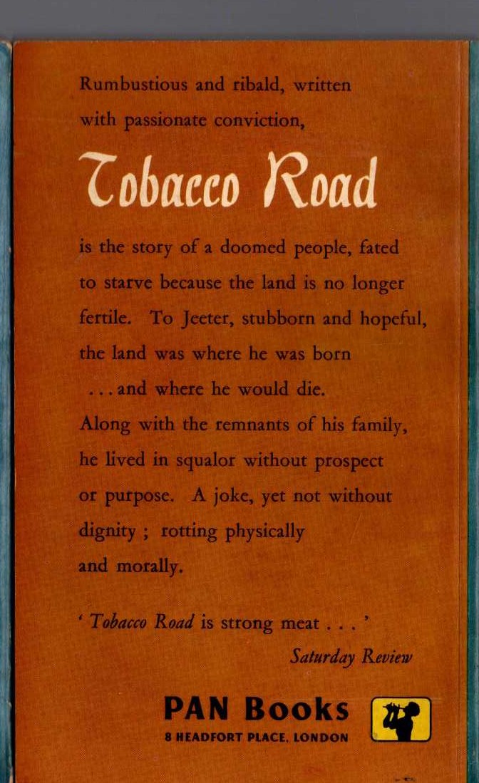 Erskine Caldwell  TOBACCO ROAD magnified rear book cover image