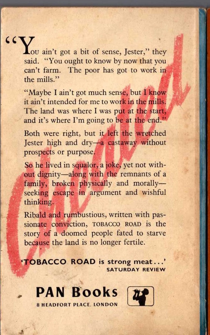 Erskine Caldwell  TOBACCO ROAD magnified rear book cover image