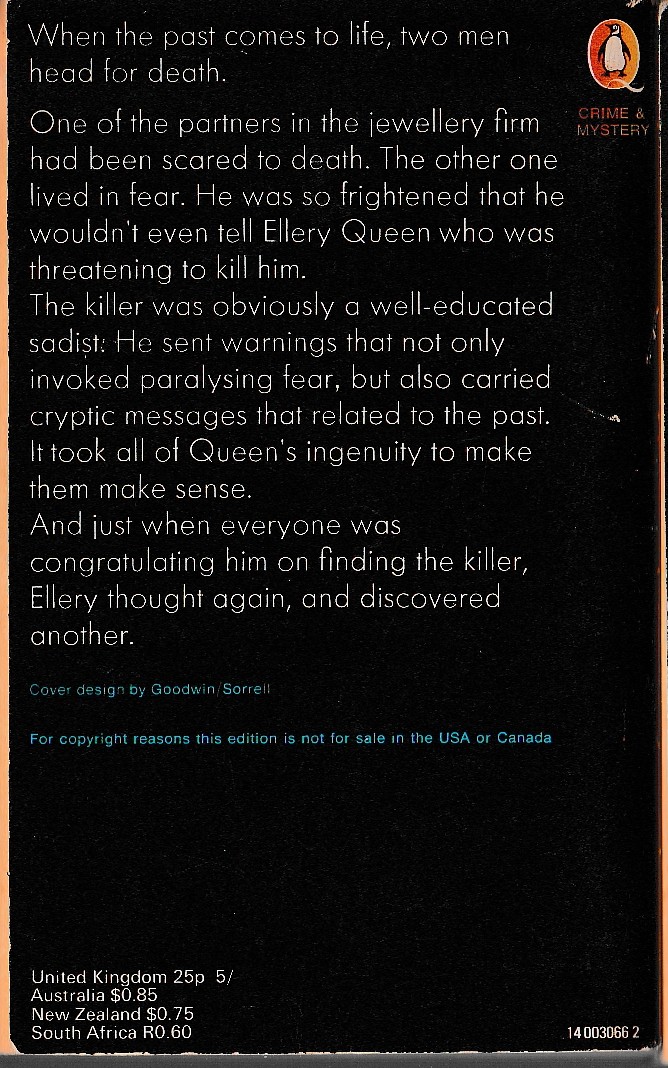 Ellery Queen  THE ORIGIN OF EVIL magnified rear book cover image