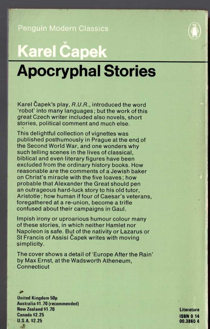 Karel Capek  APOCRYPHAL STORIES magnified rear book cover image