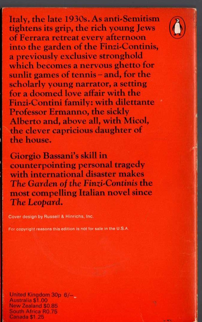 Giorgio Bassani  THE GARDEN OF THE FINZI-CONTINIS magnified rear book cover image