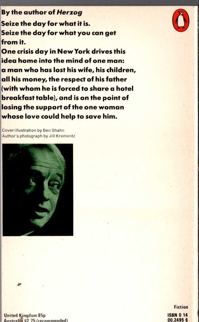 Saul Bellow  SEIZE THE DAY magnified rear book cover image