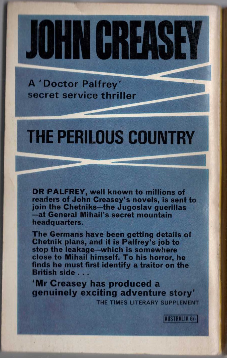 John Creasey  THE PERILOUS COUNTRY (Doctor Palfrey) magnified rear book cover image