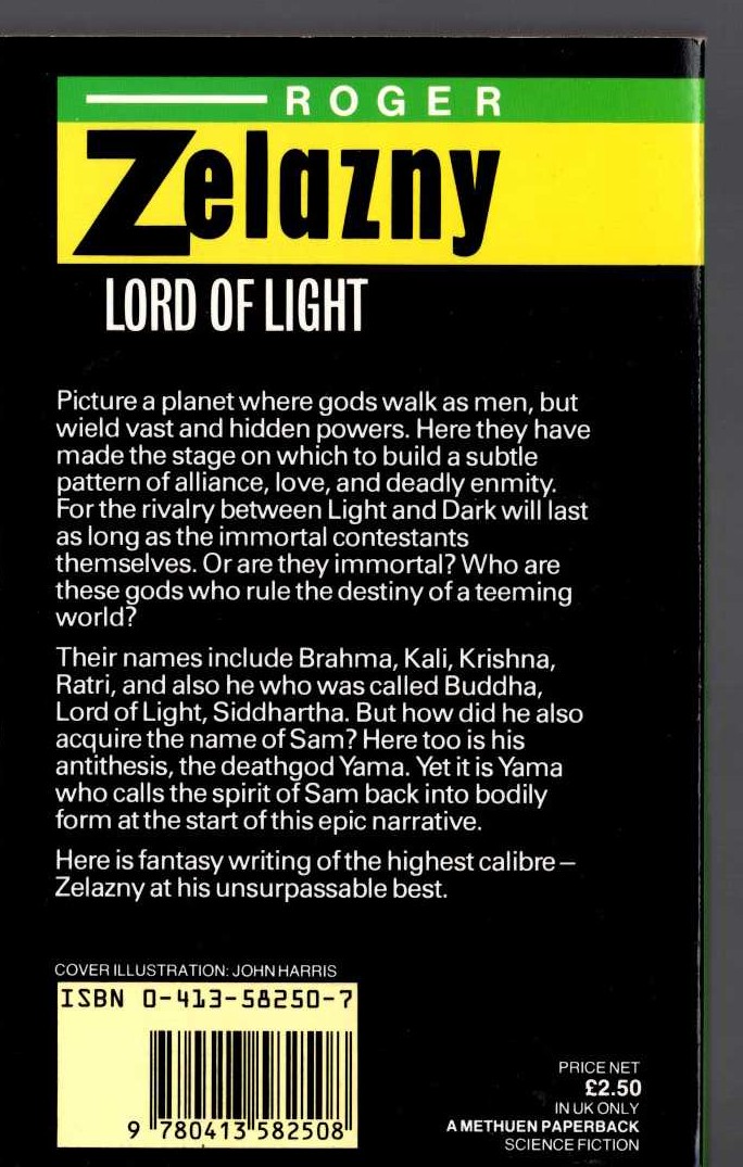 Roger Zelazny  LORD OF LIGHT magnified rear book cover image