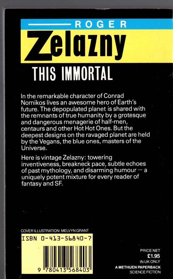 Roger Zelazny  THIS IMMORTAL magnified rear book cover image