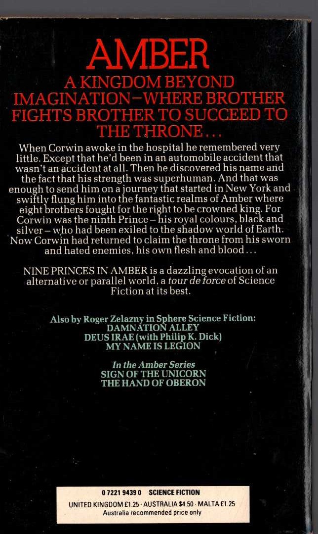 Roger Zelazny  NINE PRINCES IN AMBER magnified rear book cover image