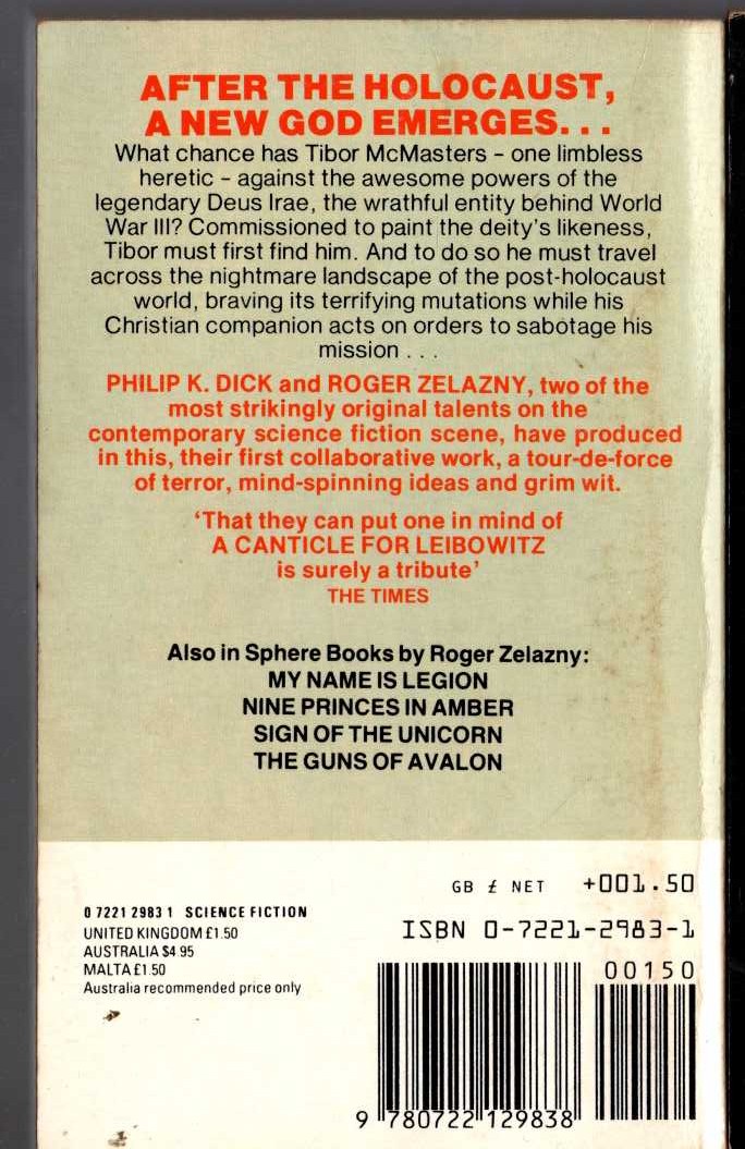 (Roger Zelazny and Philip K.Dick) DEUS IRAE magnified rear book cover image