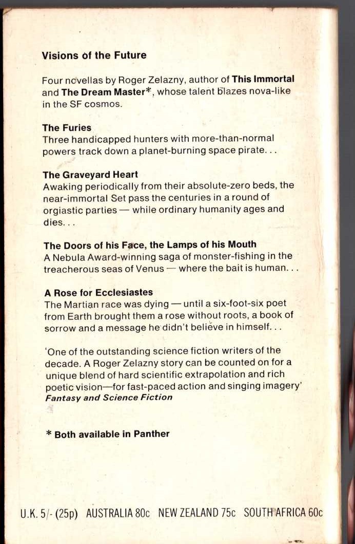 Roger Zelazny  A ROSE FOR ECCLESIASTES magnified rear book cover image