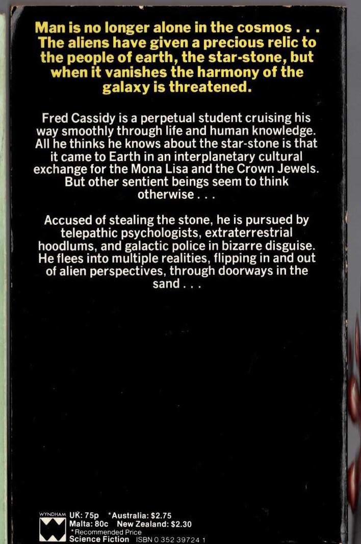 Roger Zelazny  DOORWAYS IN THE SAND magnified rear book cover image