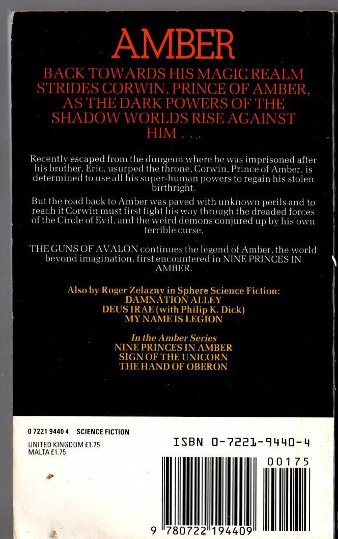 Roger Zelazny  THE GUNS OF AVALON magnified rear book cover image
