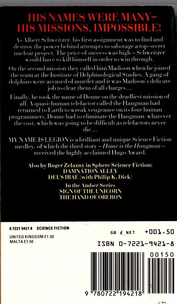 Roger Zelazny  MY NAME IS LEGION magnified rear book cover image