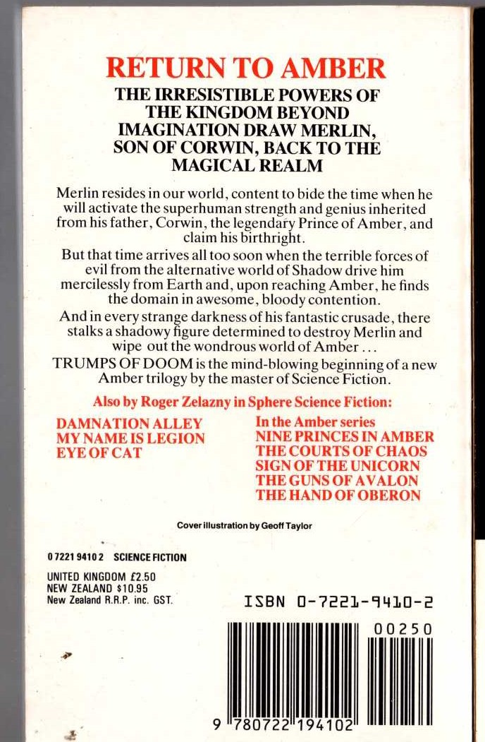 Roger Zelazny  TRUMPS OF DOOM magnified rear book cover image