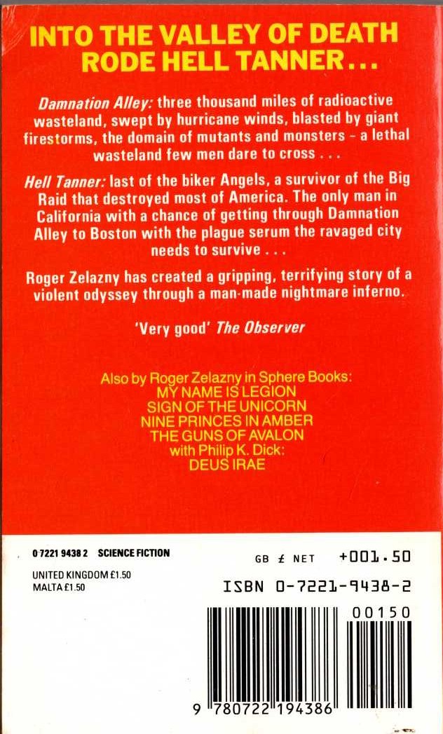 Roger Zelazny  DAMNATION ALLEY magnified rear book cover image