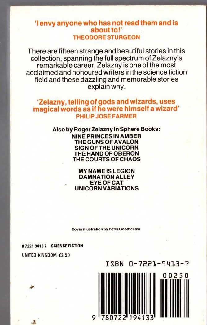 Roger Zelazny  THE LAST DEFENDER OF CAMELOT magnified rear book cover image