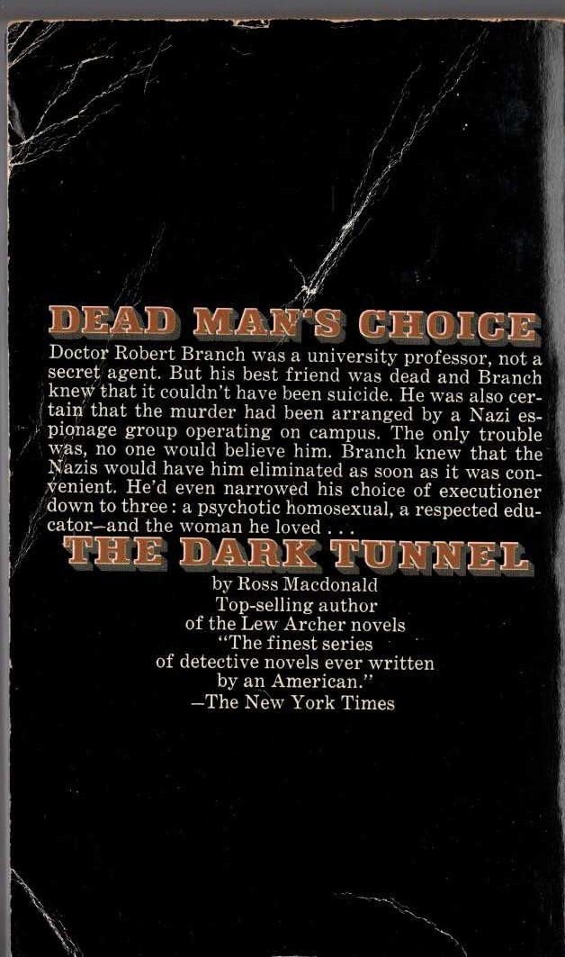 Ross Macdonald  THE DARK TUNNEL magnified rear book cover image
