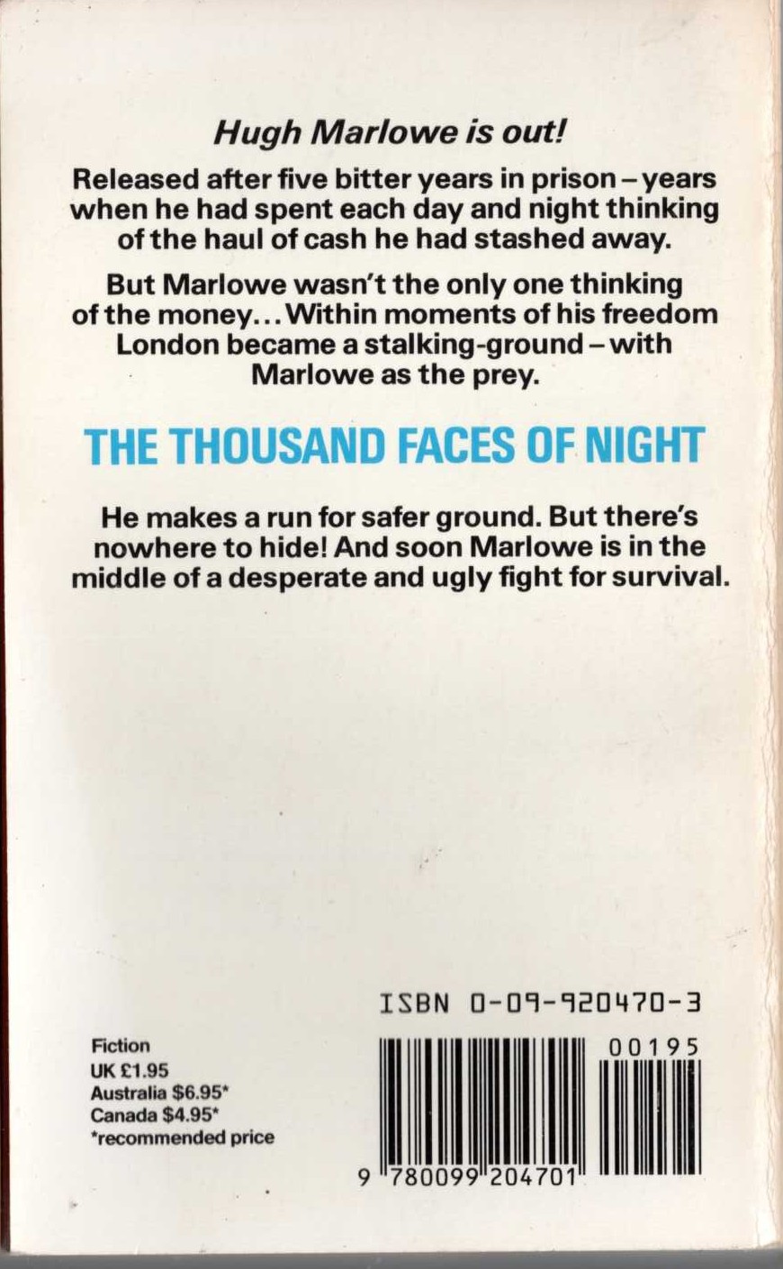 Harry Patterson  THE THOUSAND FACES OF NIGHT magnified rear book cover image