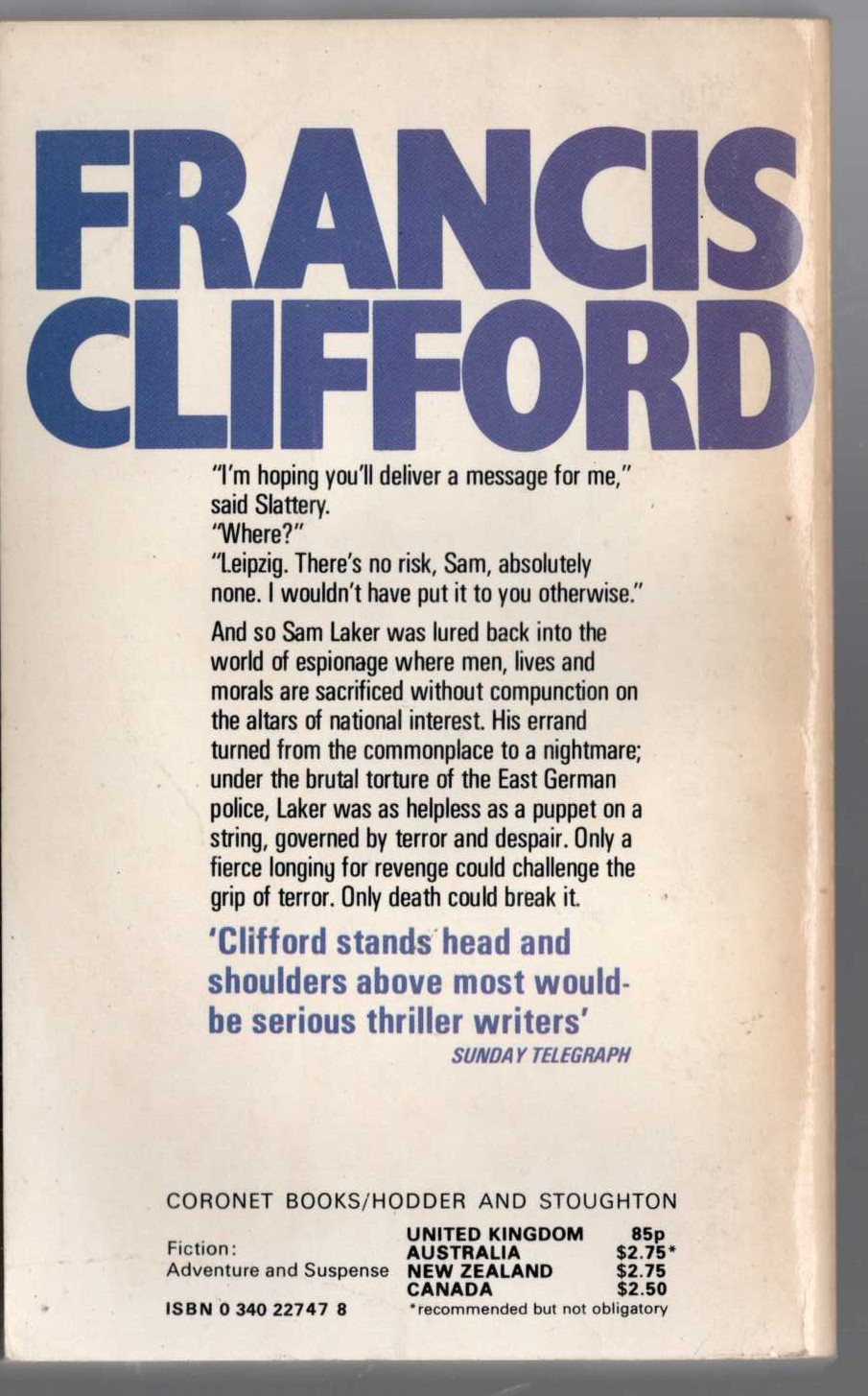 Francis Clifford  THE NAKED RUNNER magnified rear book cover image
