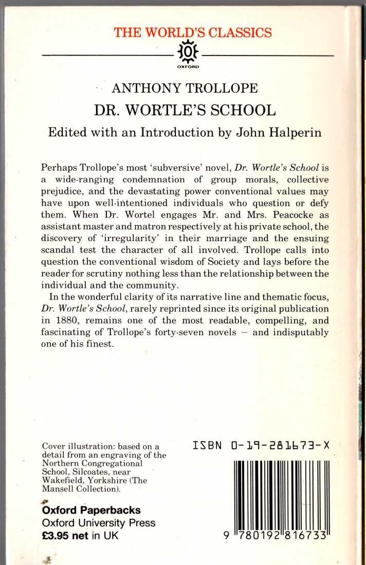 Anthony Trollope  DR. WORTLE'S SCHOOL magnified rear book cover image
