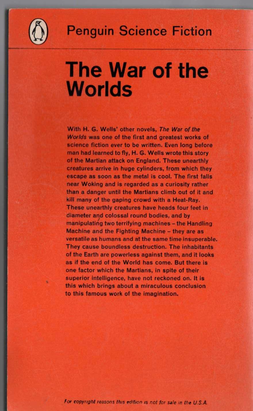 H.G. Wells  THE WAR OF THE WORLDS magnified rear book cover image