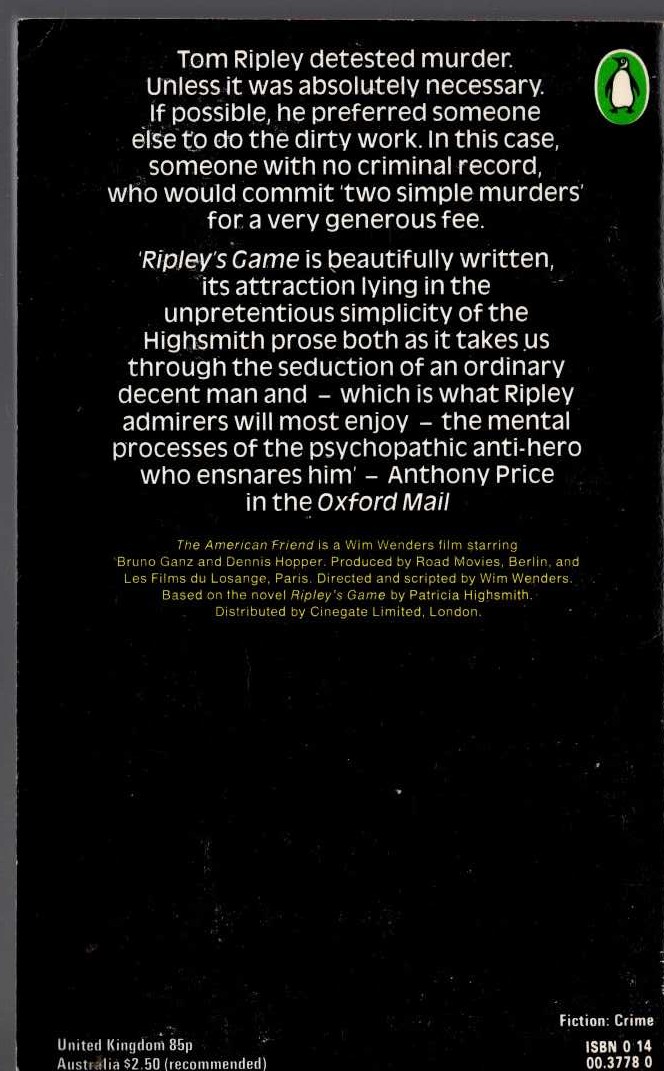 Patricia Highsmith  RIPLEY'S GAME (Film tie-in) magnified rear book cover image