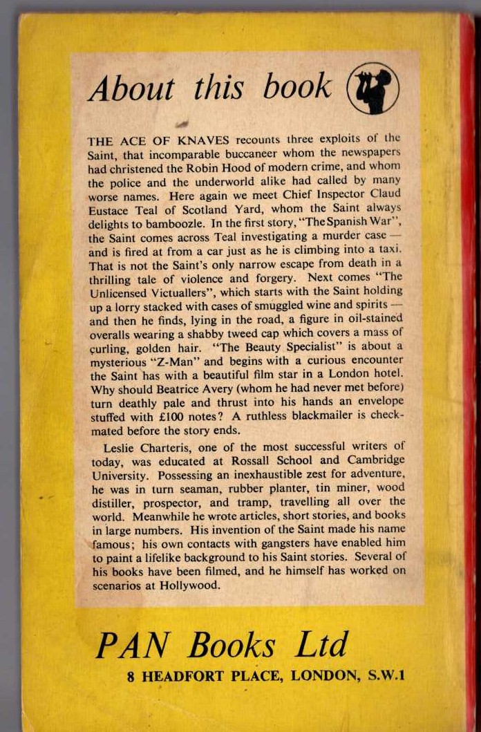 Leslie Charteris  THE ACE OF KNAVES magnified rear book cover image