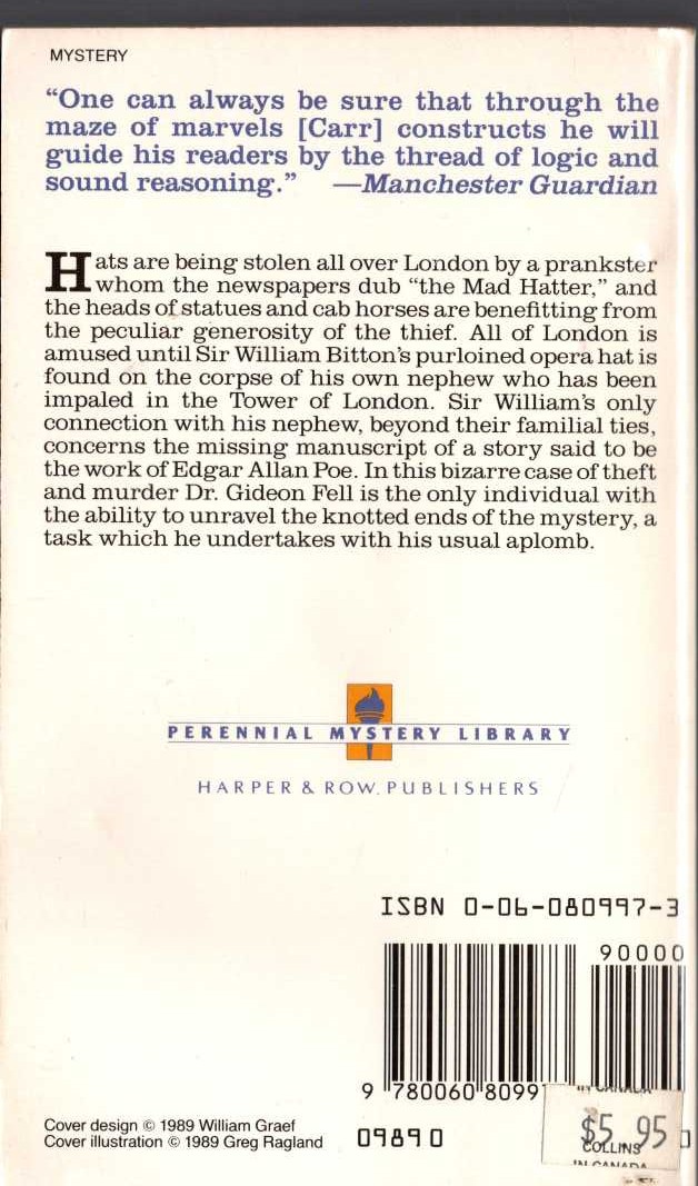 John Dickson Carr  THE MAD HATTER MYSTERY magnified rear book cover image
