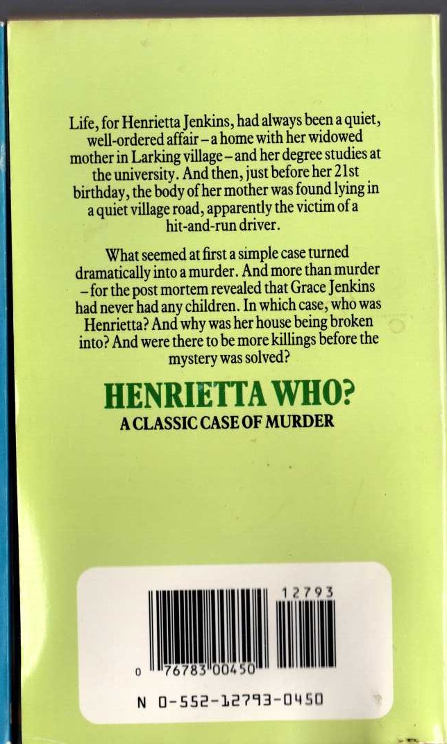 Catherine Aird  HENRIETTA WHO? magnified rear book cover image