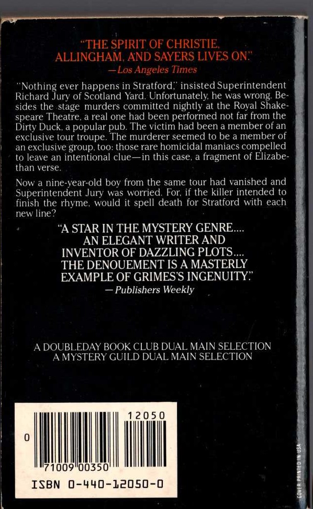 Martha Grimes  THE DIRTY DUCK magnified rear book cover image