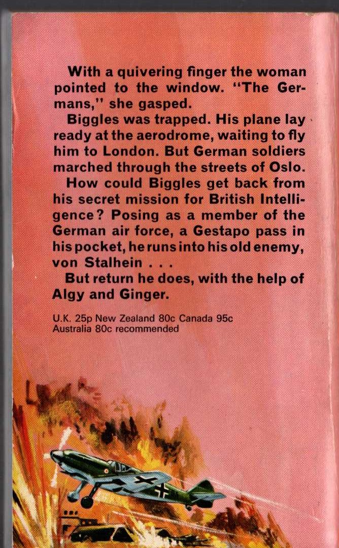 Captain W.E. Johns  BIGGLES DEFIES THE SWASTIKA magnified rear book cover image