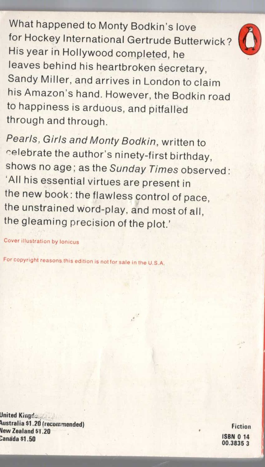 P.G. Wodehouse  PEARLS, GIRLS AND MONTY BODKIN magnified rear book cover image