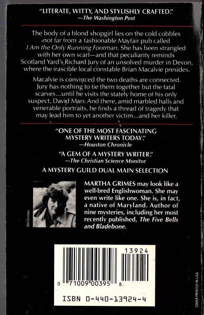 Martha Grimes  I-AM THE ONLY RUNNING FOOTMAN magnified rear book cover image