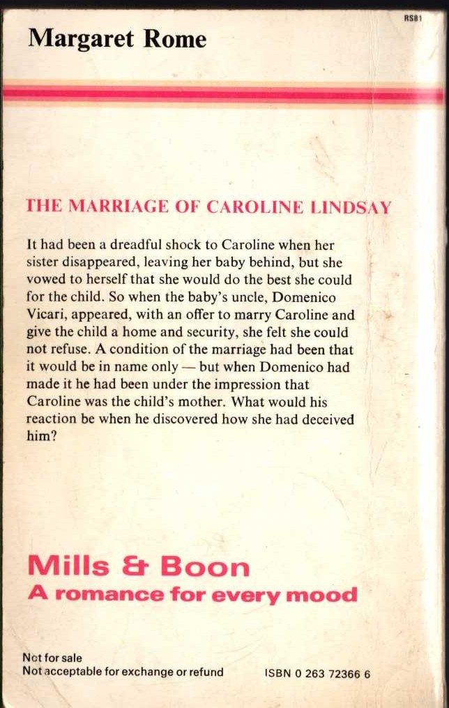 Margaret Rome  THE MARRIAGE OF CAROLINE LINDSAY magnified rear book cover image