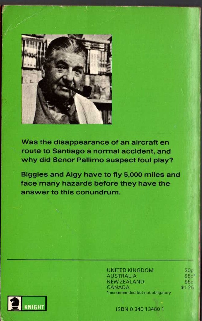 Captain W.E. Johns  BIGGLES AND THE LITTLE GREEN GOD magnified rear book cover image