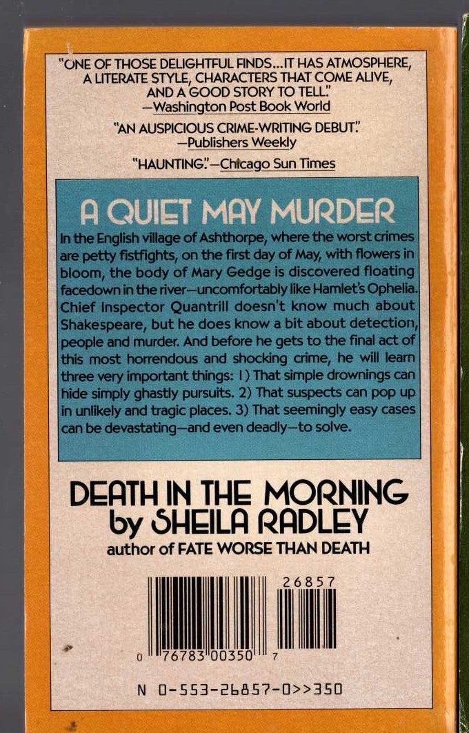 Sheila Radley  DEATH IN THE MORNING magnified rear book cover image