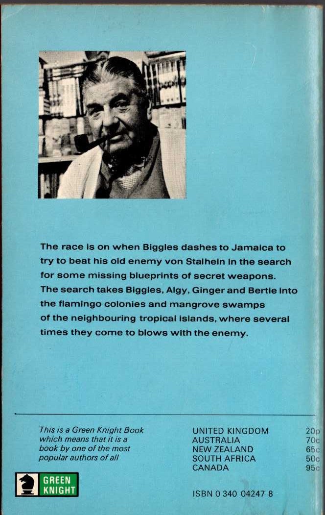 Captain W.E. Johns  BIGGLES IN THE BLUE magnified rear book cover image