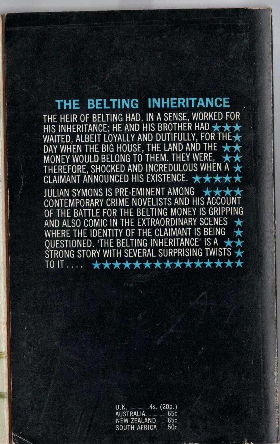 Julian Symons  THE BELTING INHERITANCE magnified rear book cover image