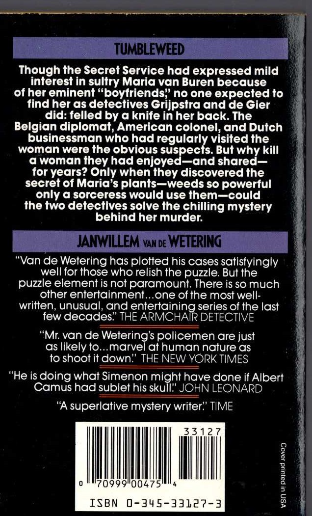 Janwillem van de Wetering  TUMBLEWEED magnified rear book cover image