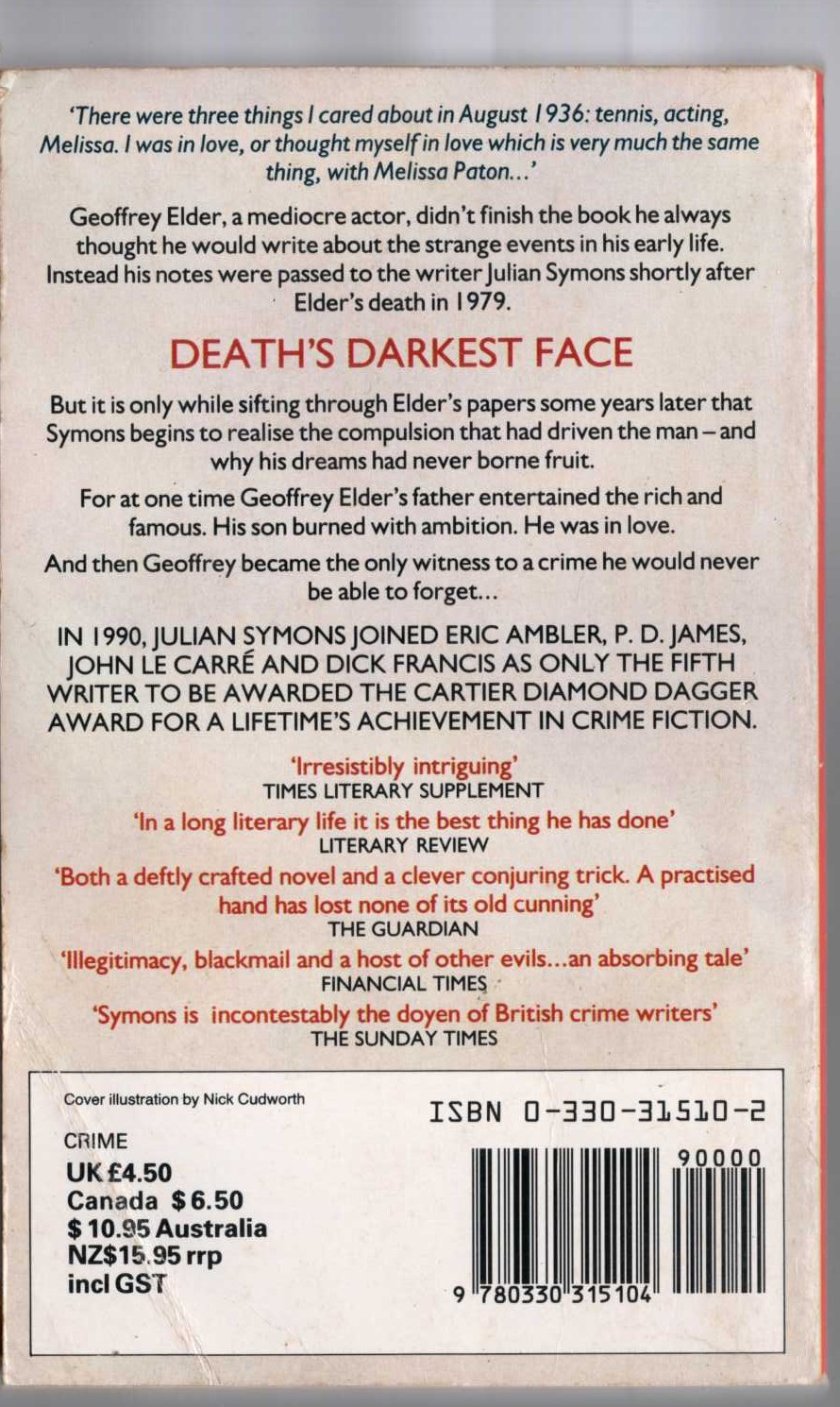 Julian Symons  DEATH'S DARKEST FACE magnified rear book cover image