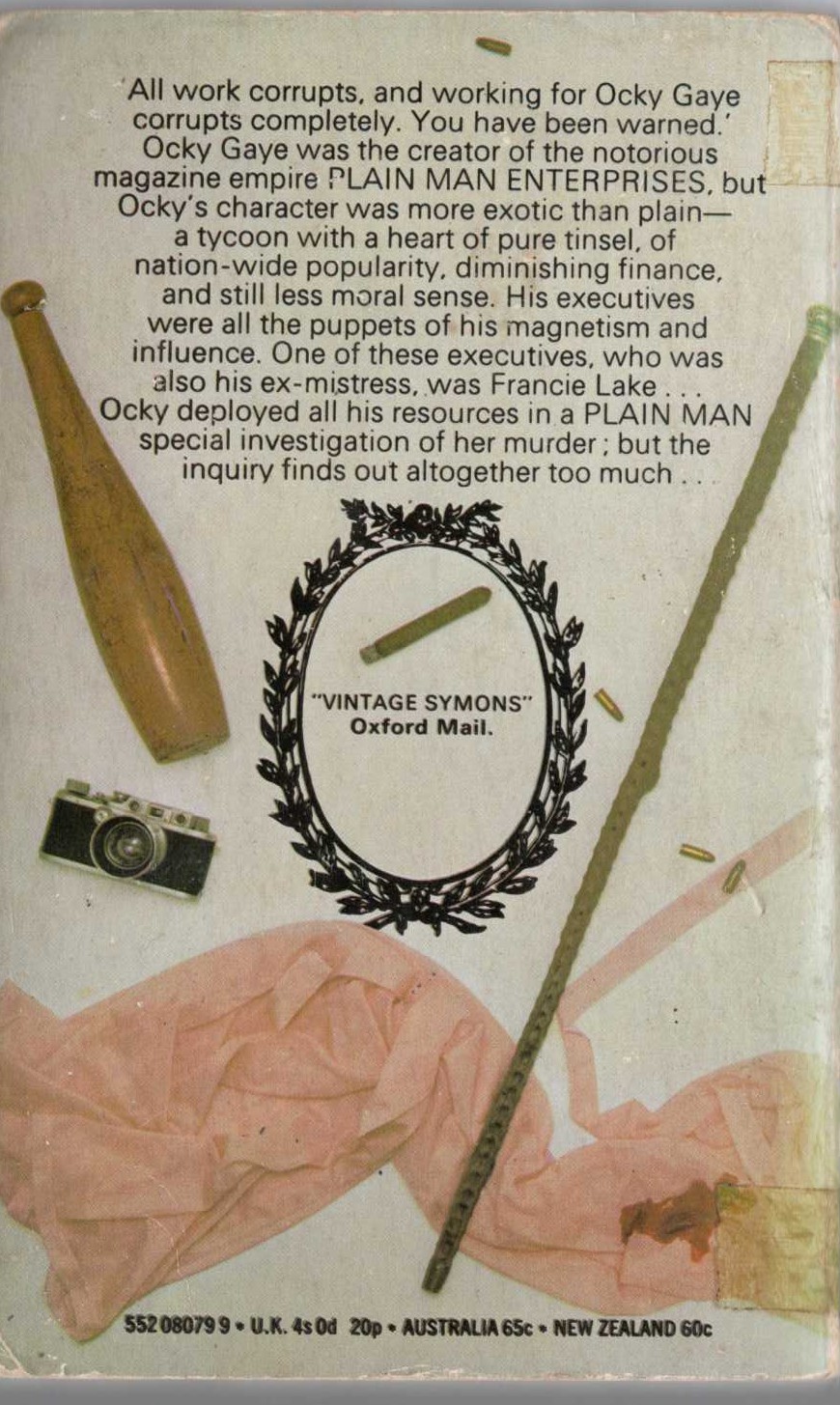 Julian Symons  THE KILLING OF FRANCIE LAKE magnified rear book cover image