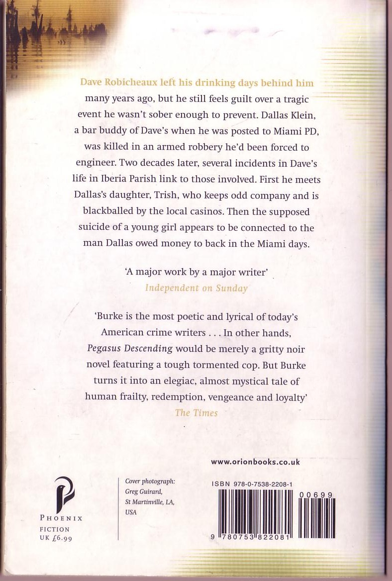 James Lee Burke  PEGASUS DESCENDING magnified rear book cover image