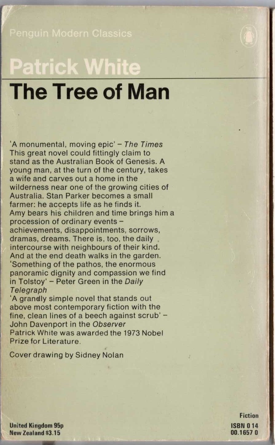 Patrick White  THE TREE OF MAN magnified rear book cover image