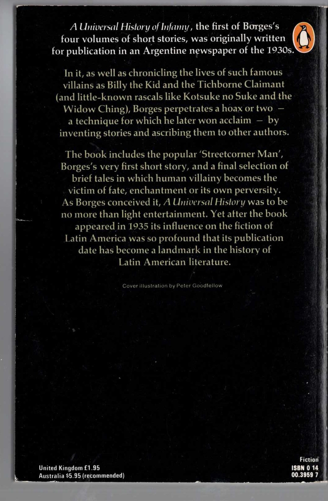 Jorge Luis Borges  A UNIVERSAL HISTORY OF INFAMY magnified rear book cover image