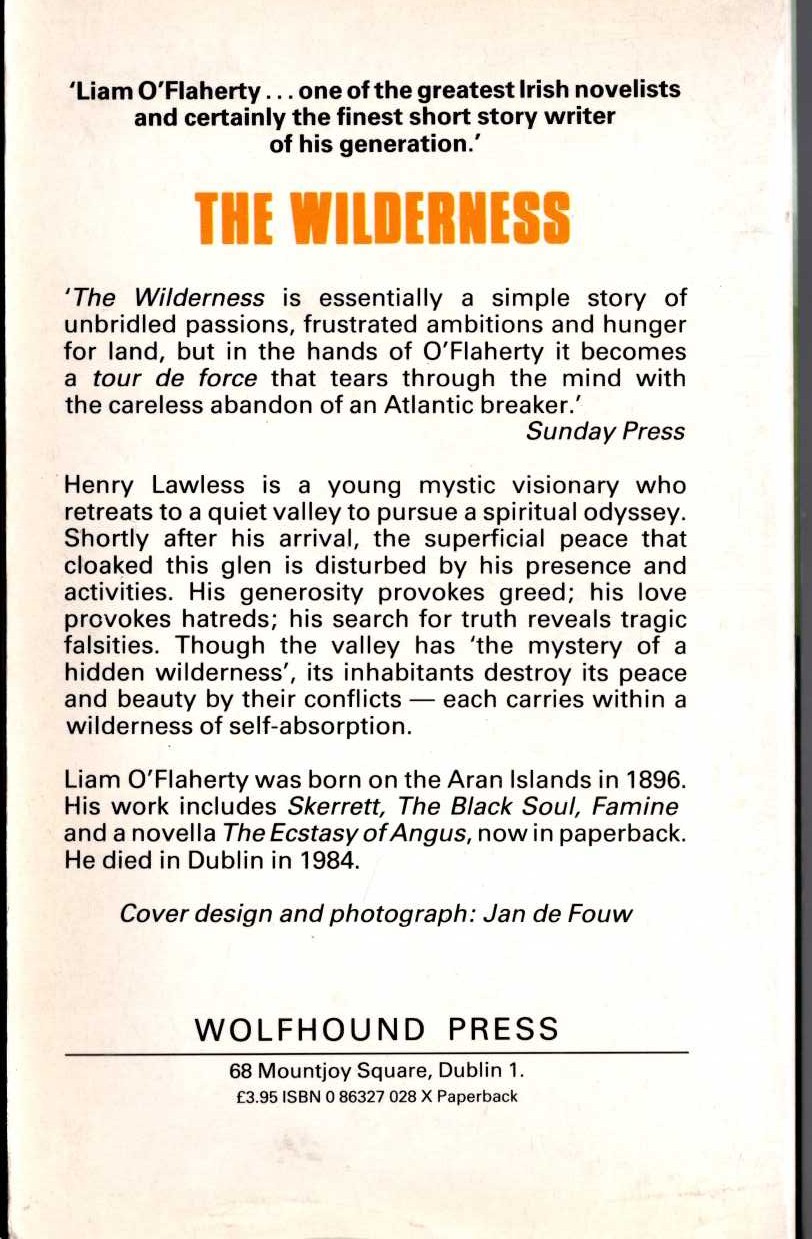 Liam O'Flaherty  THE WILDERNESS magnified rear book cover image