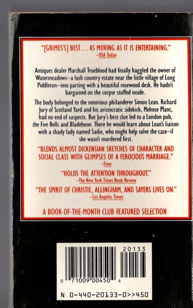 Martha Grimes  THE FIVE BELLS AND BLADEBONE magnified rear book cover image