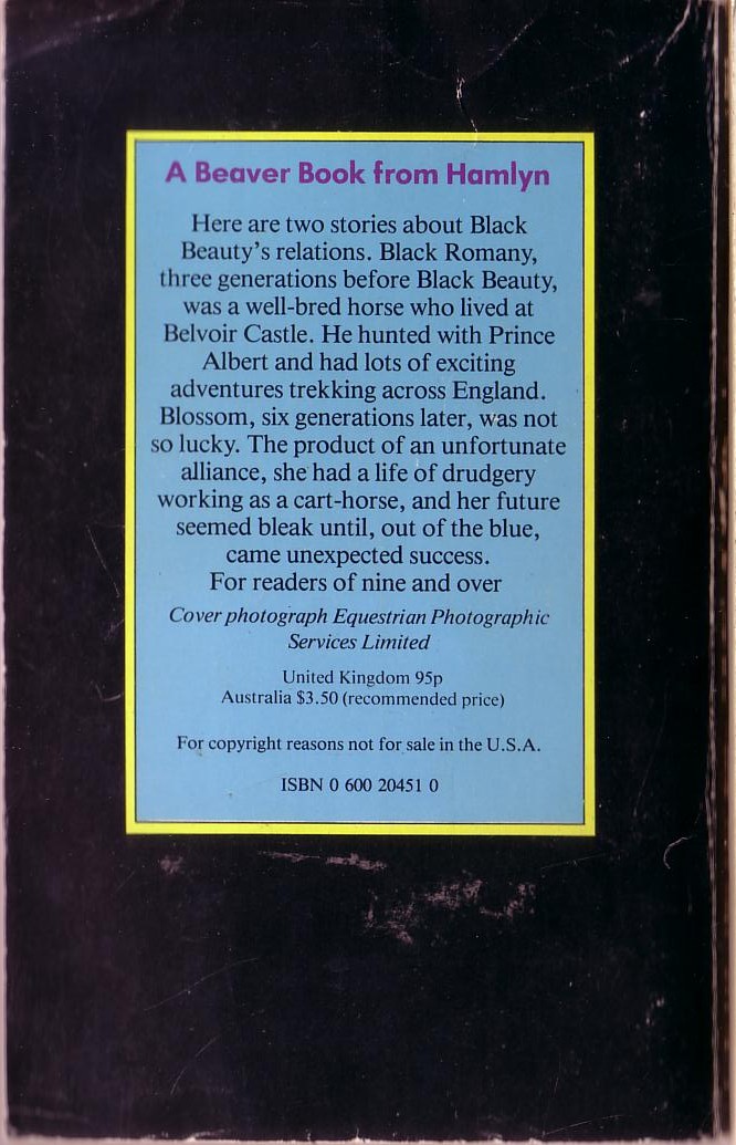 (Diana & Christine Pullein-Thompson) BLACK BEAUTY'S FAMILY #1 magnified rear book cover image