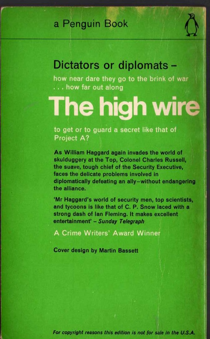 William Haggard  THE HIGH WIRE magnified rear book cover image