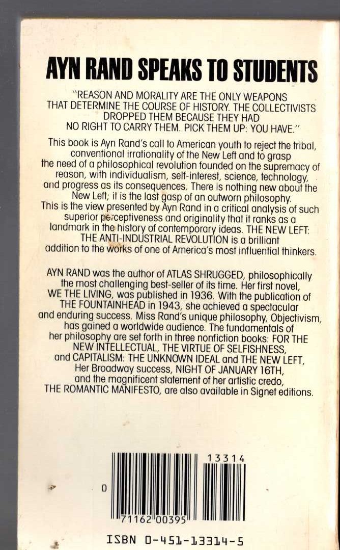 Ayn Rand  THE NEW LEFT: THE ANTI-INDUSTRIAL REVOLUTION magnified rear book cover image