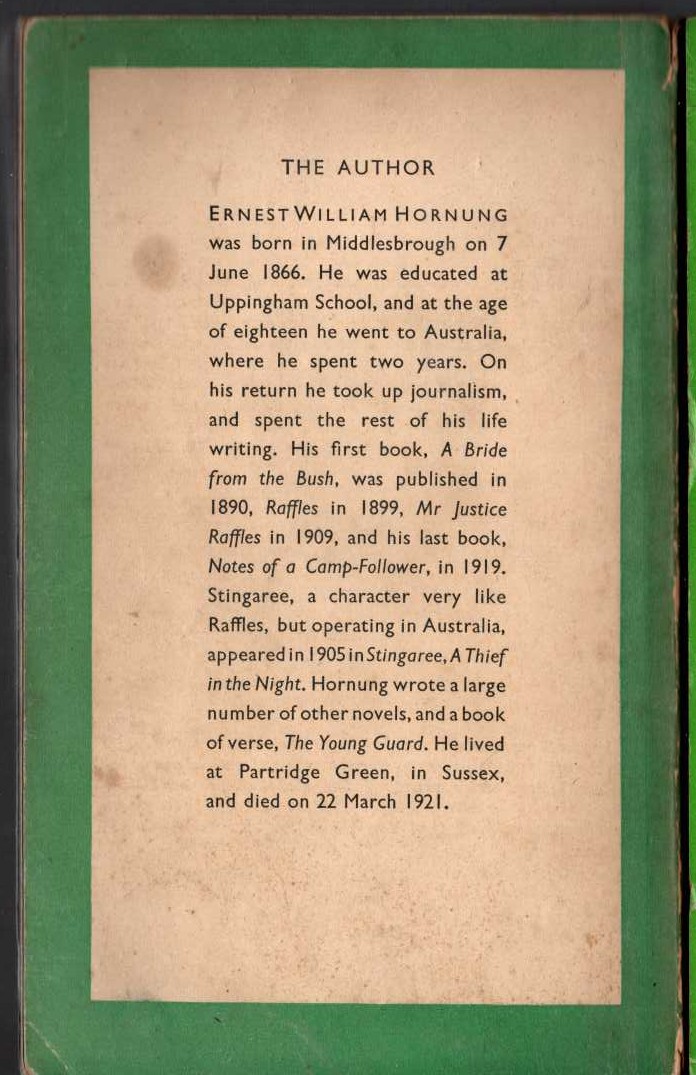 E.W. Hornung  RAFFLES magnified rear book cover image
